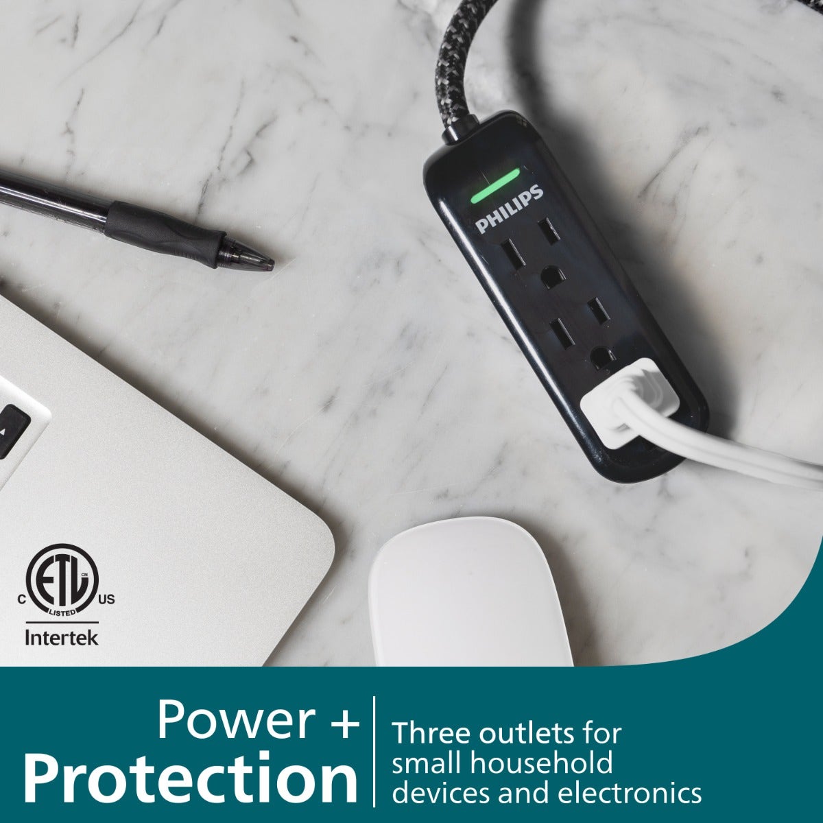 Philips 3-Outlet 8ft. Extension Cord With Surge Protection, Black