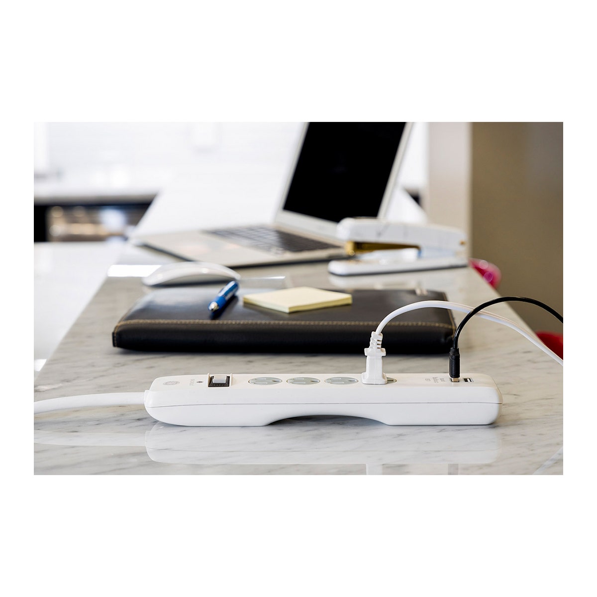 GE 4-Outlet 2-USB 8ft. Surge Protector With Twist-To-Close Safety Covers, White