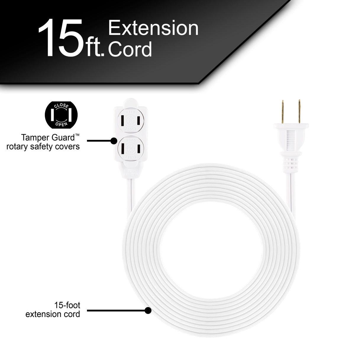 GE 15ft. 3-Outlet Polarized Extension Cord, White