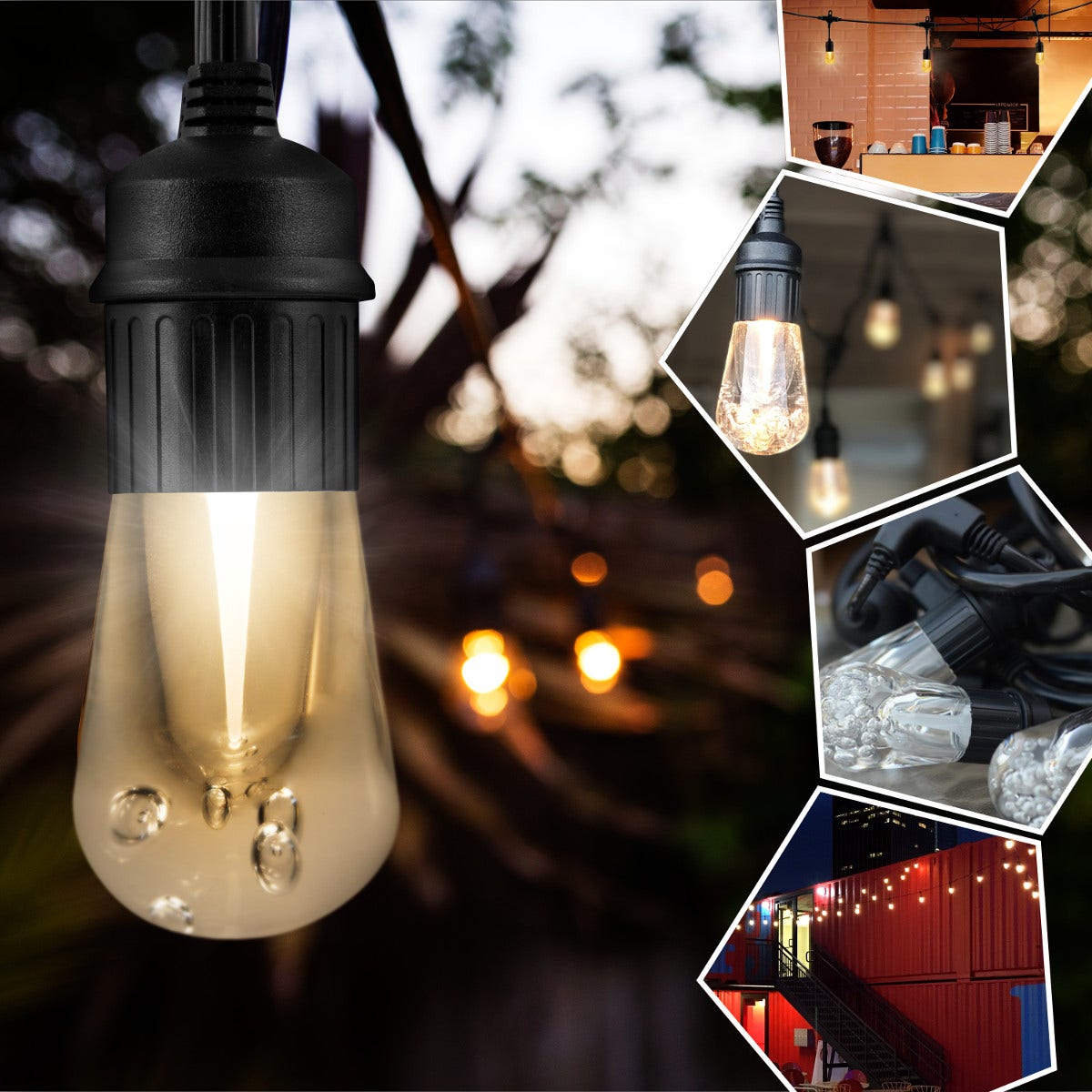 Enbrighten Vintage LED Cafe Lights, 12 Bulbs, 24ft. Black Cord