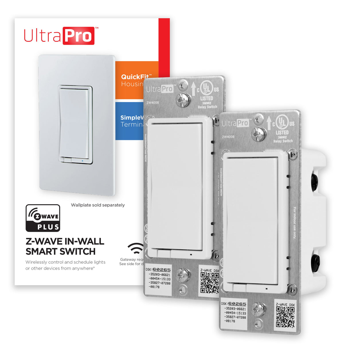 UltraPro Z-Wave In-Wall Smart Dimmer with QuickFit and SimpleWire, 2 Pack, White