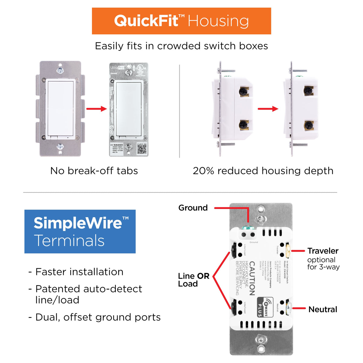 UltraPro Z-Wave In-Wall Smart Dimmer with QuickFit and SimpleWire, 2 Pack, White