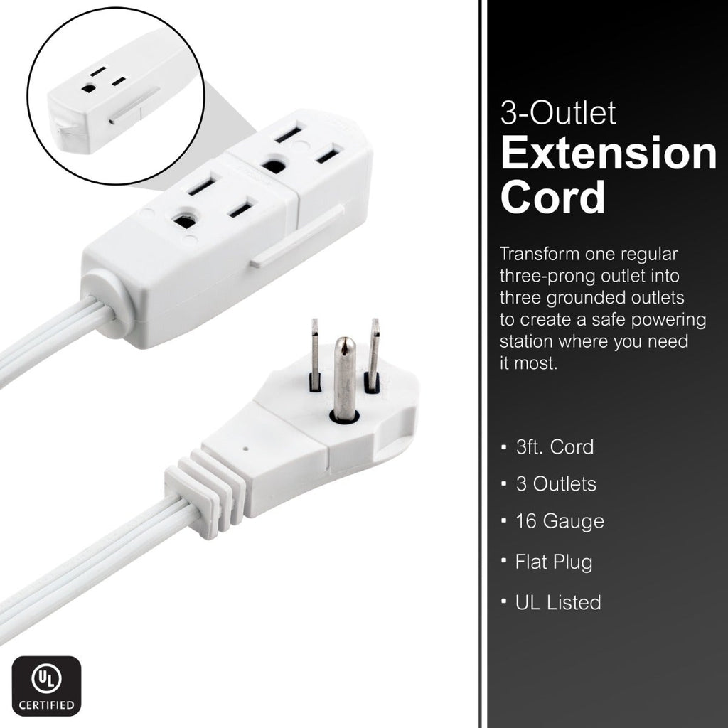 GE 3-Outlet 3ft. Extension Cord  with Right-Angle Plug, White