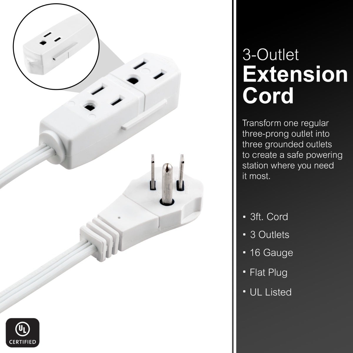 GE 3-Outlet 3ft. Extension Cord  with Right-Angle Plug, 2 Pack, White
