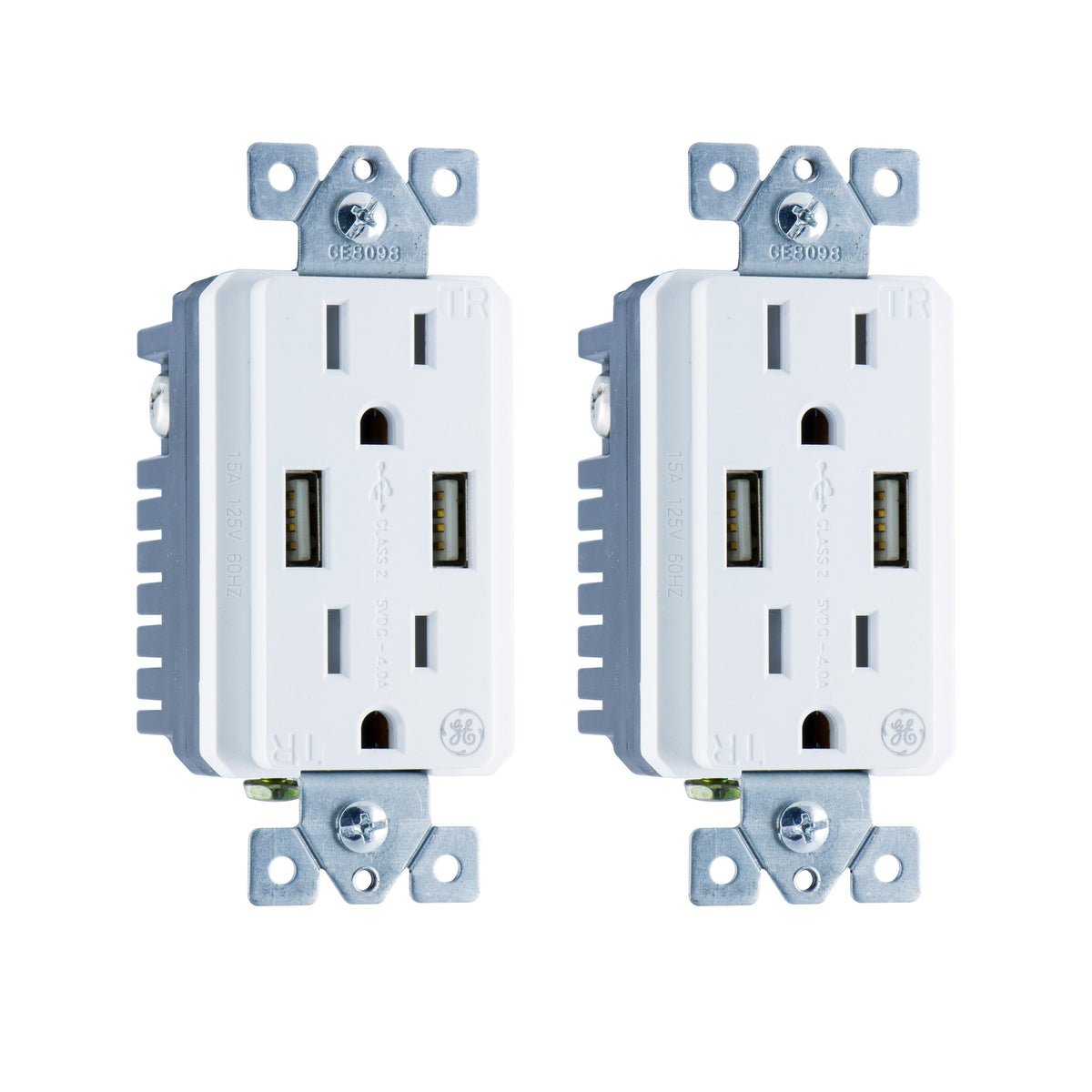 GE UltraPro 2-Outlet 2-USB Charging Tamper Resistant Receptacle, 2 Pack, White