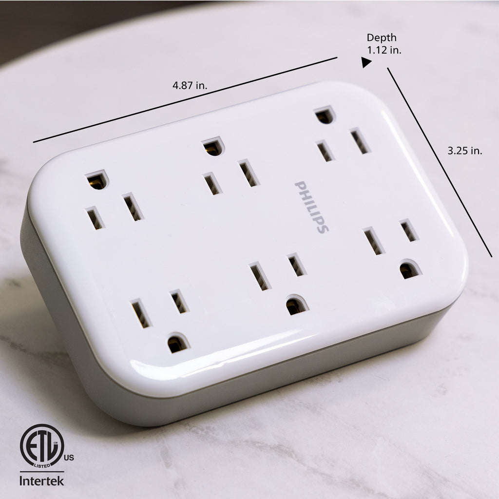 Philips 6-Outlet Wall Tap with Surge Protection and Adapter Spaced Outlets, White