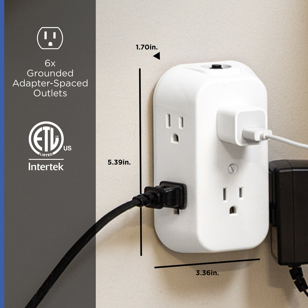 GE 6-AC Wall Tap w/ Resettable Circuit Breaker, White, 2pk
