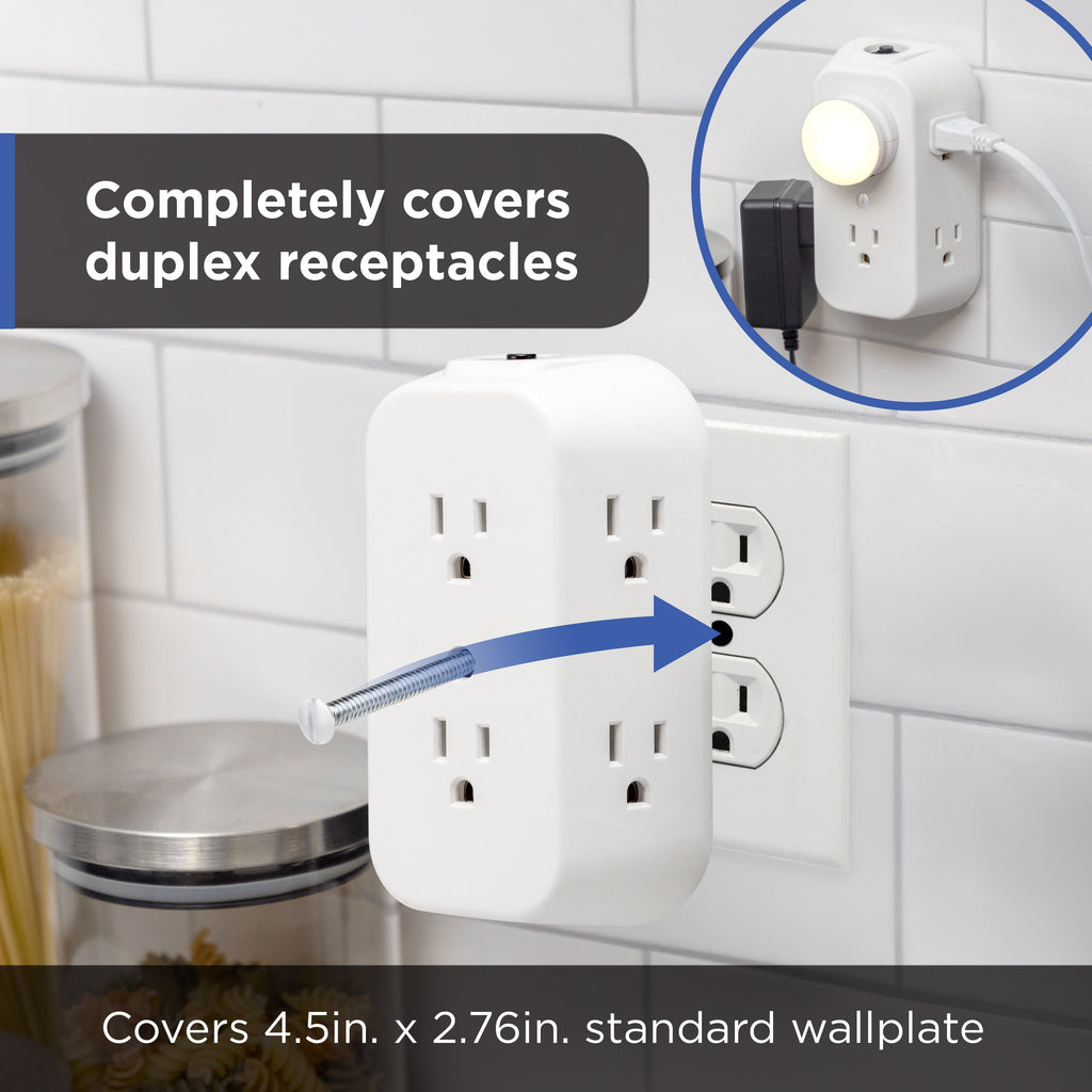 GE 6-AC Wall Tap w/ Resettable Circuit Breaker, White, 2pk