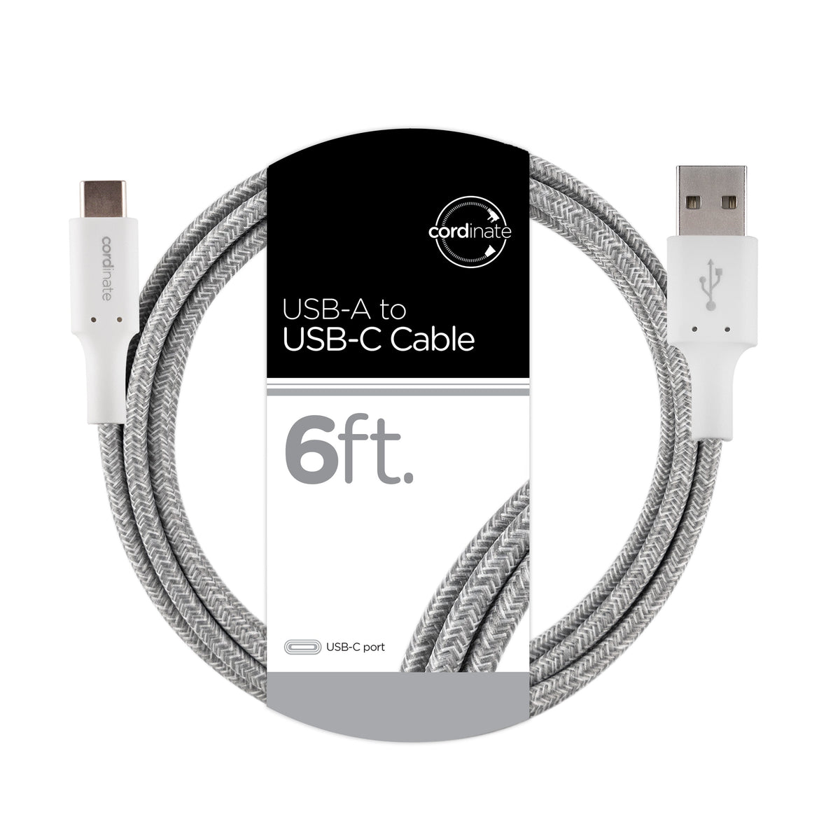 Cordinate 6ft. USB-A to USB-C Braided Charging Cable, Gray/White