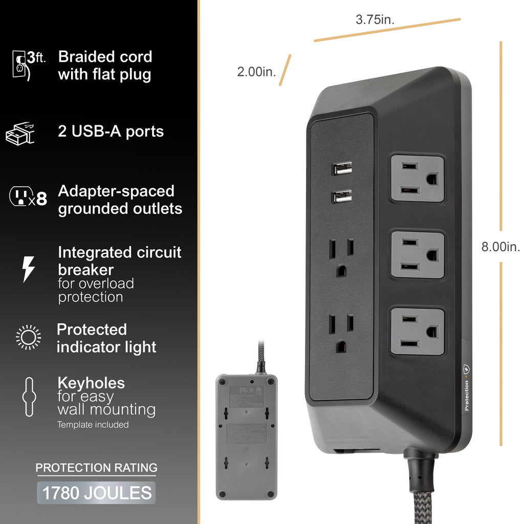 GE 8-Outlet 2-USB 3ft. Surge Protector with Adapter-Spaced Outlets, Black