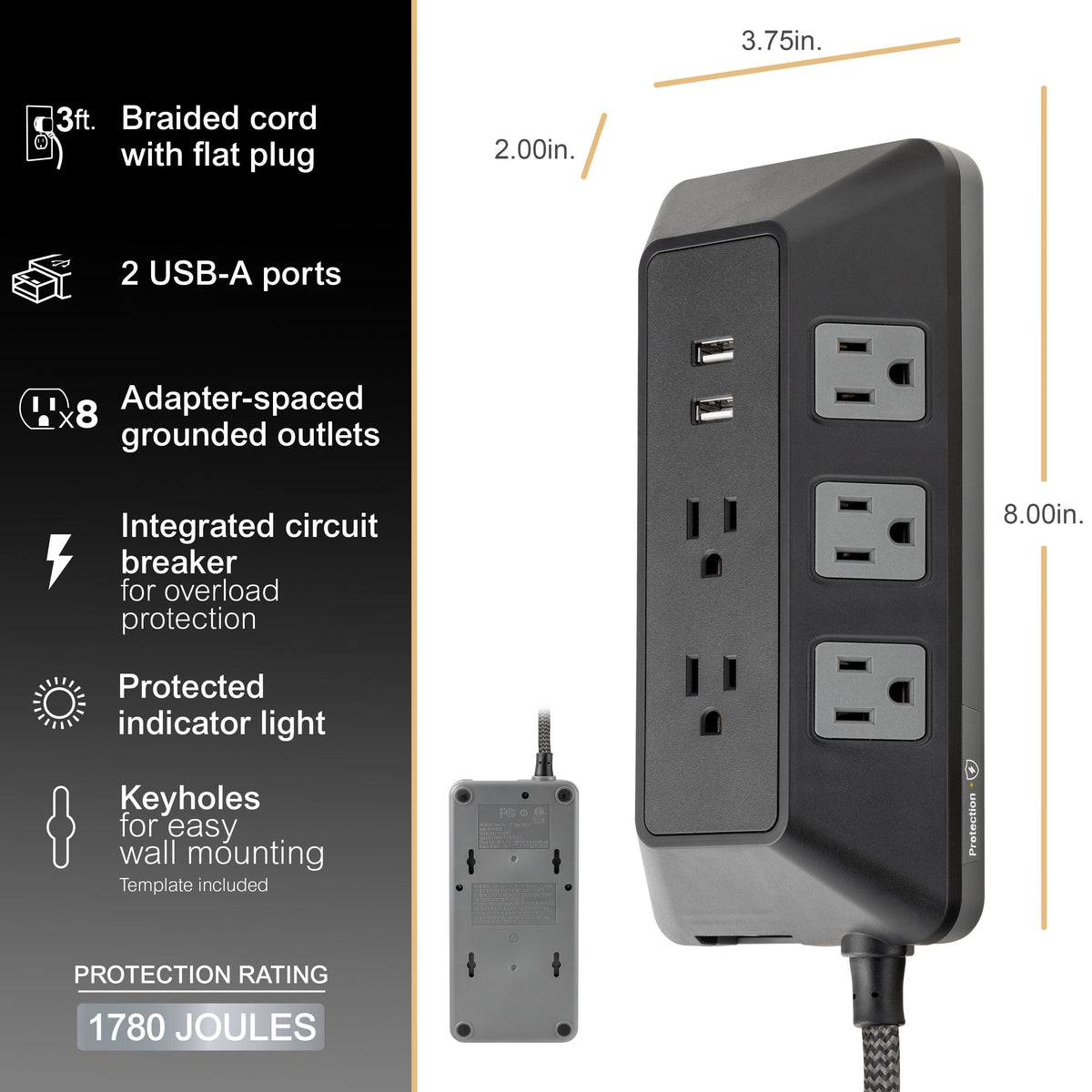 GE 8-Outlet 2-USB 3ft. Surge Protector with Adapter-Spaced Outlets, Black