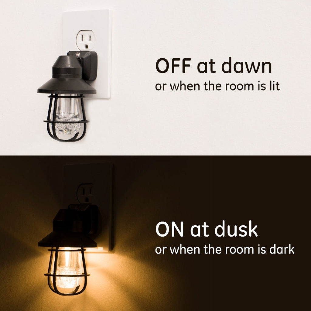 GE Vintage Cage Frame Light Sensing LED Night Light, Black, 2 Pack