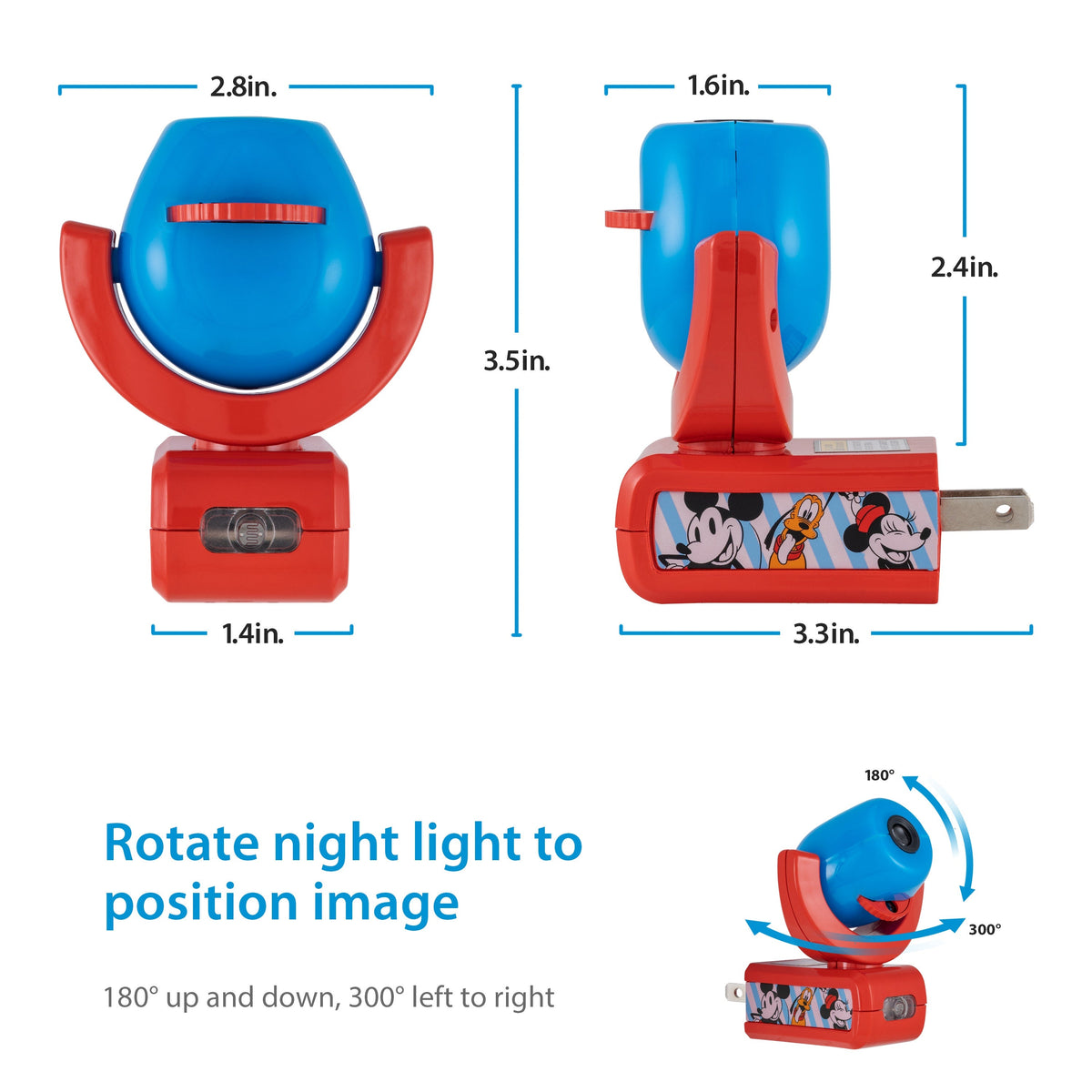 Projectables Disney Mickey & Minnie Light Sensing 6-Image LED Night Light, Blue/Red