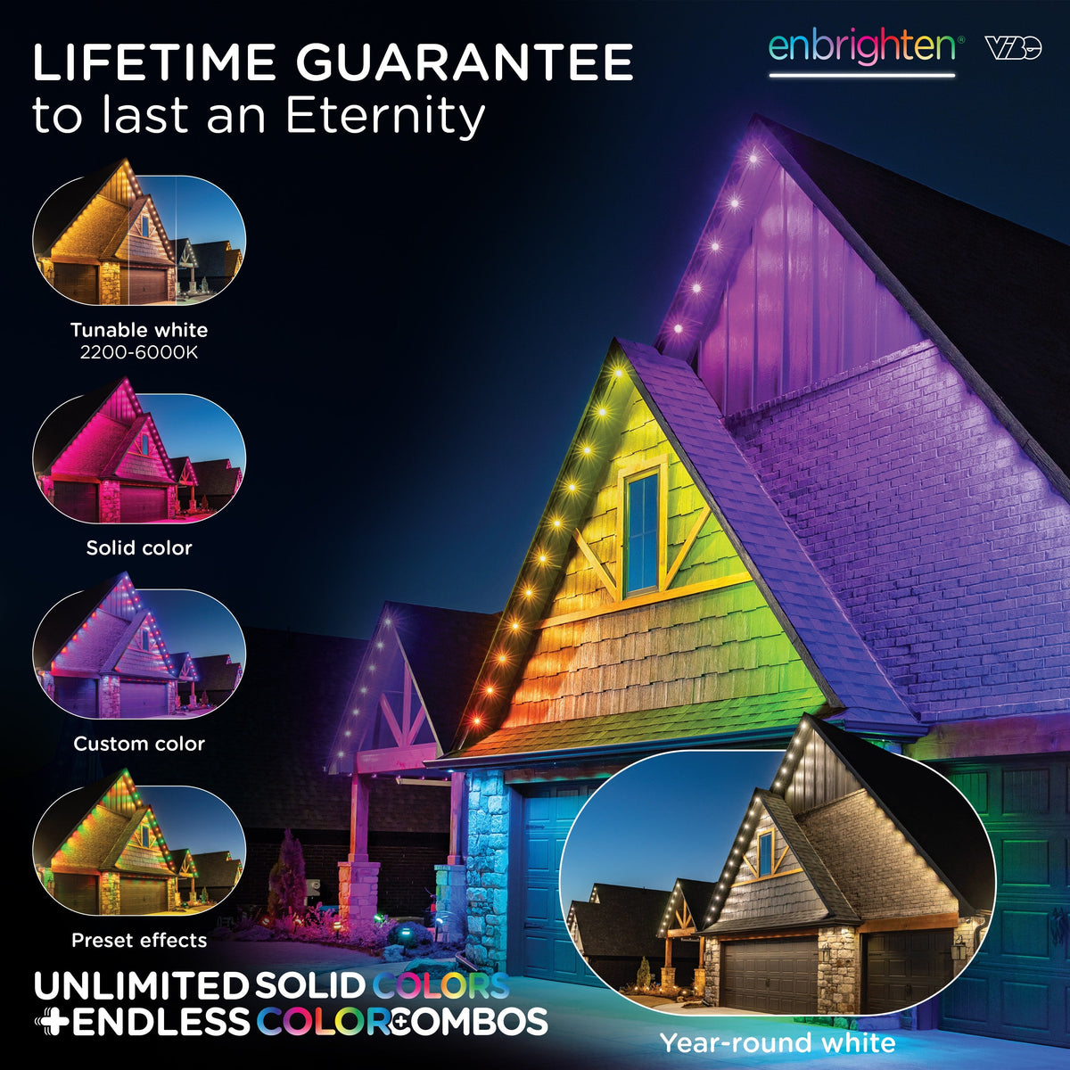 Enbrighten WiFi VIBE Color-Changing Permanent Outdoor Eternity Eave Lights, 36 Lights, 50ft. White Cord