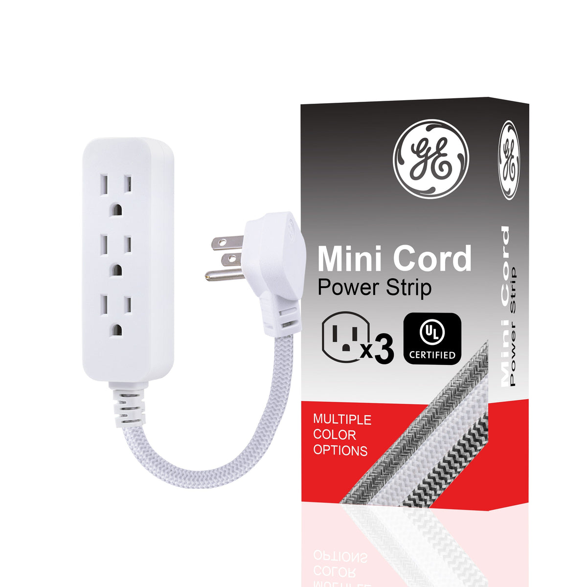 GE 3-Outlet 1ft. Mini Braided Extension Cord with Flat Plug, White/Gray