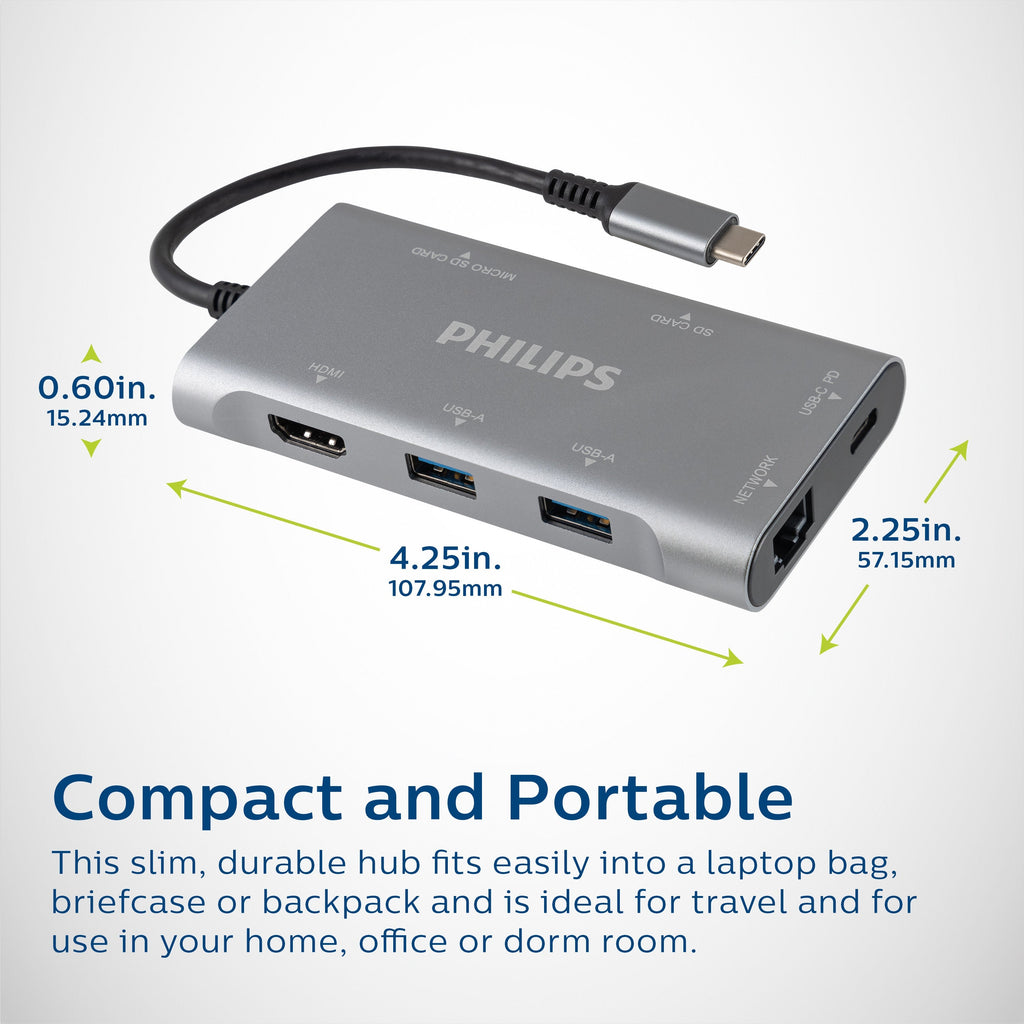Philips Elite 7-in-1 Multiport Hub with Power Pass-Through, Silver
