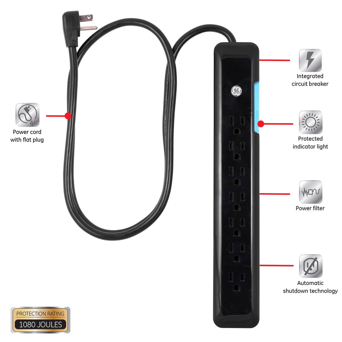 GE UltraPro 7-Outlet 4ft. Surge Protector, Black