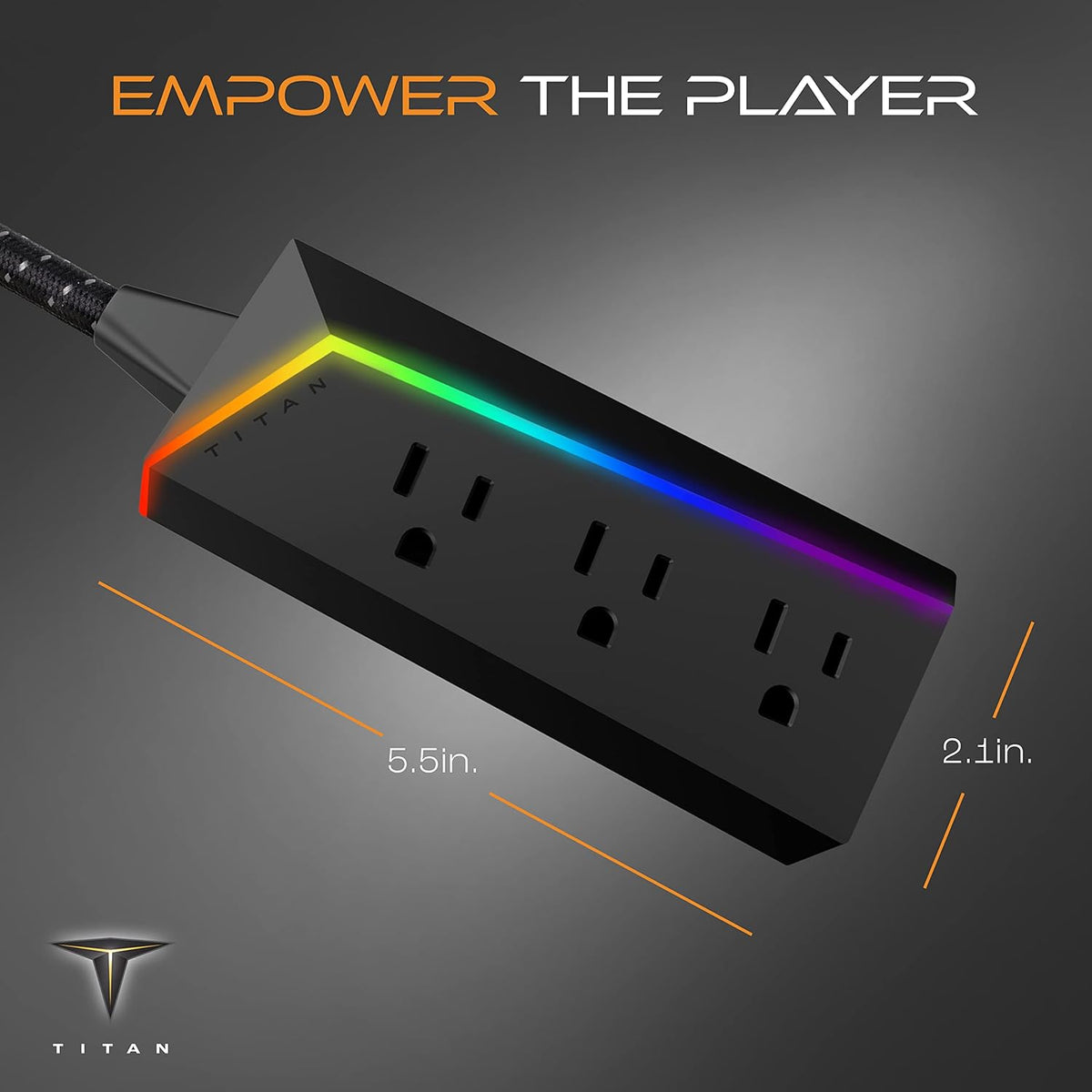 Titan 3-Outlet Extension Cord, Multicolor LED, 8ft. Braided Cord, Black