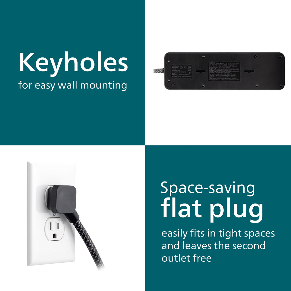 Philips 9-Outlet 6ft. 1 USB-A 1 USB-C Surge Protector With Adapter-Spaced Outlets, Black