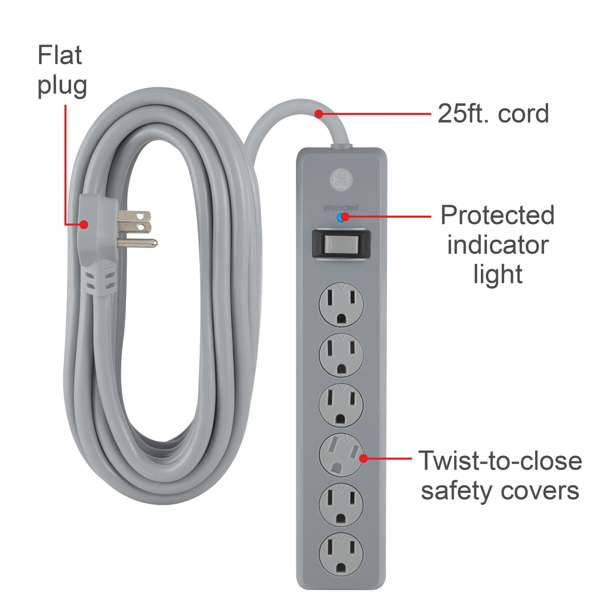 GE-branded 6-Outlet Surge Protector, Gray, 25ft. Cord