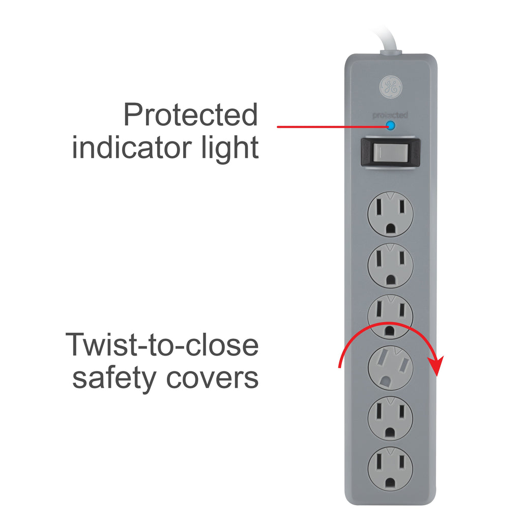 GE-branded 6-Outlet Surge Protector, Gray, 25ft. Cord