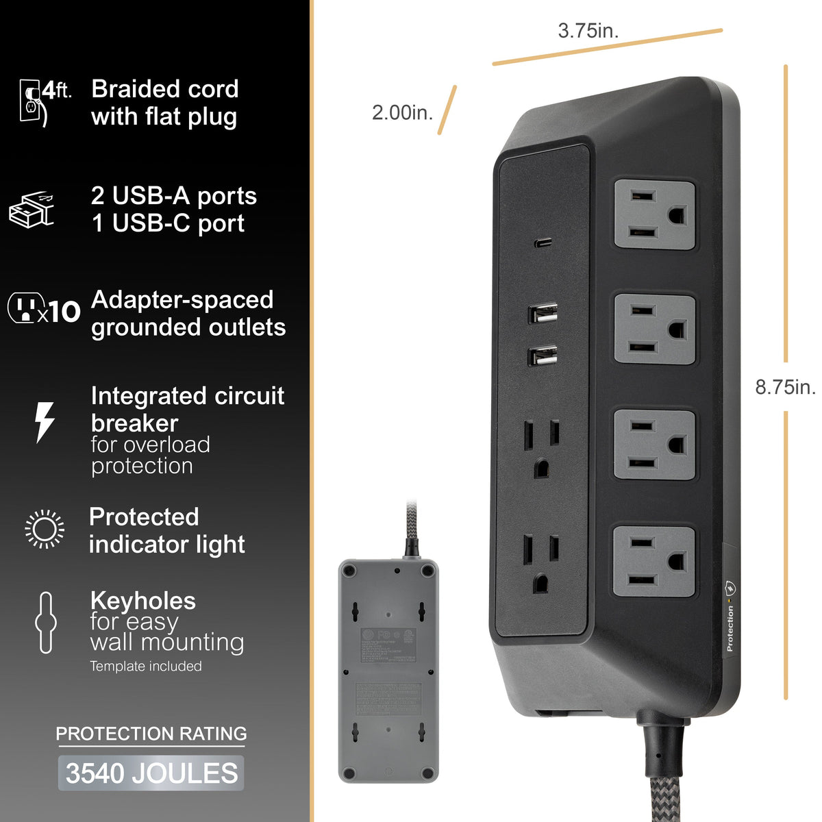 GE 10-Outlet 3-USB 4ft. Surge Protector with Adapter-Spaced Outlets, Black