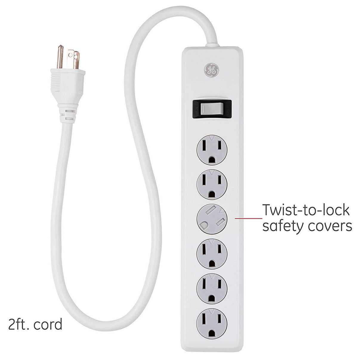GE 6-Outlet 2ft. Surge Protector with Twist-to-Close Safety Covers, White