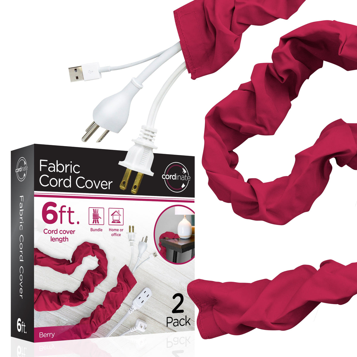 Cordinate 6ft. Fabric Cord Cover, 2 Pack, Berry