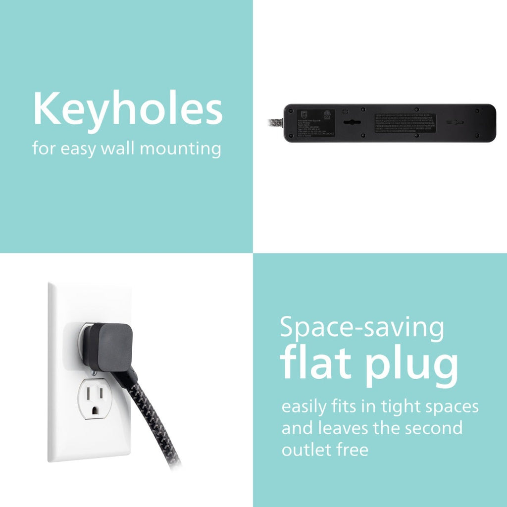 Philips 4-Outlet 4ft. Surge Protector with Adapter-Spaced Outlets, Black