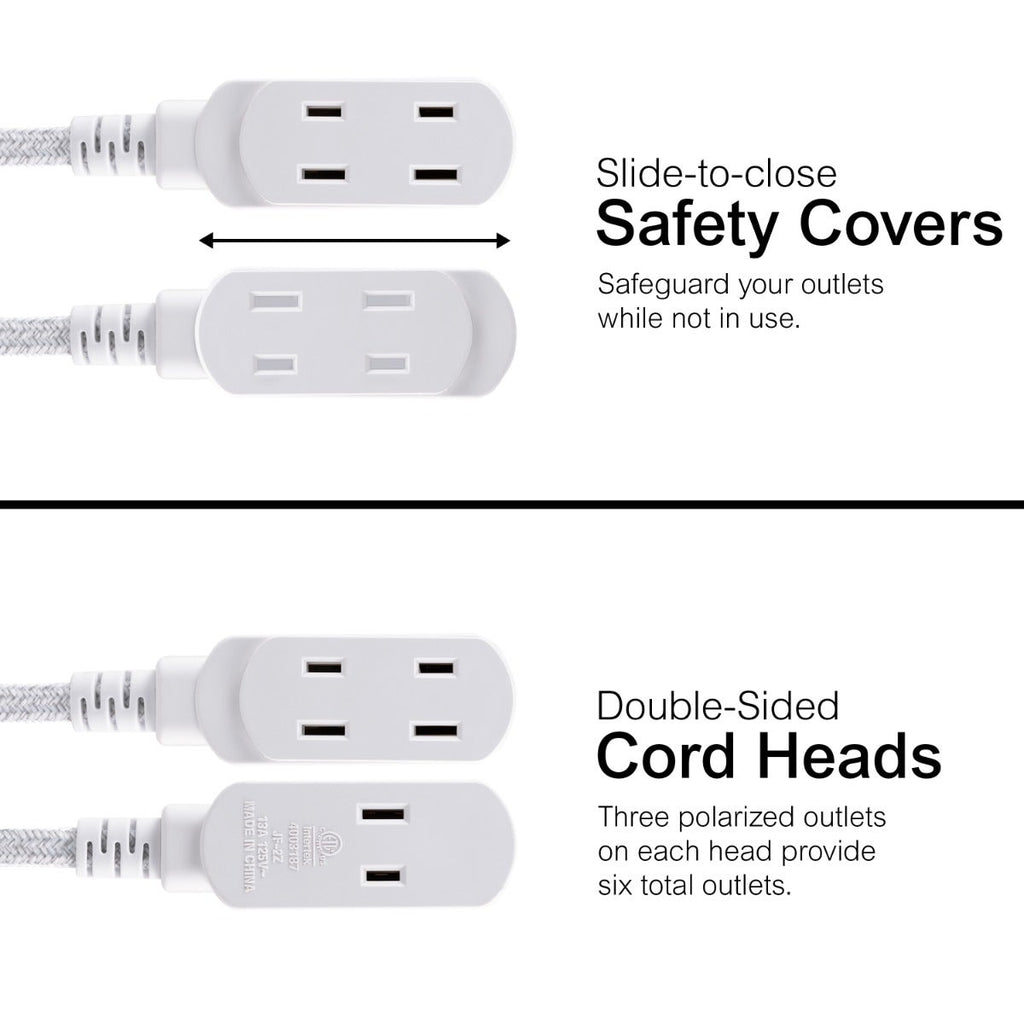 GE 3-Outlet 6ft. Dual Split Braided Extension Cord, White