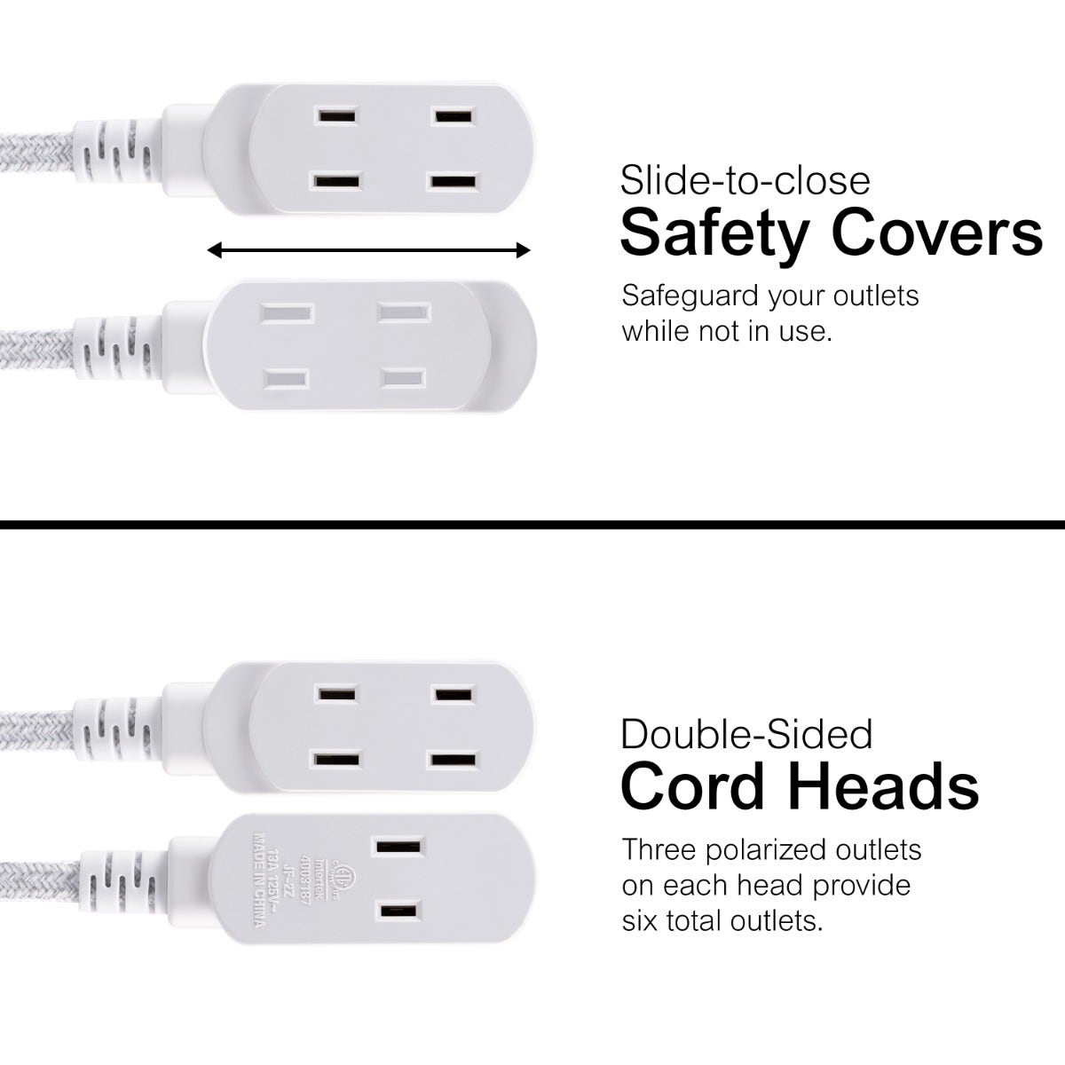GE 3-Outlet 6ft. Dual Split Braided Extension Cord, White