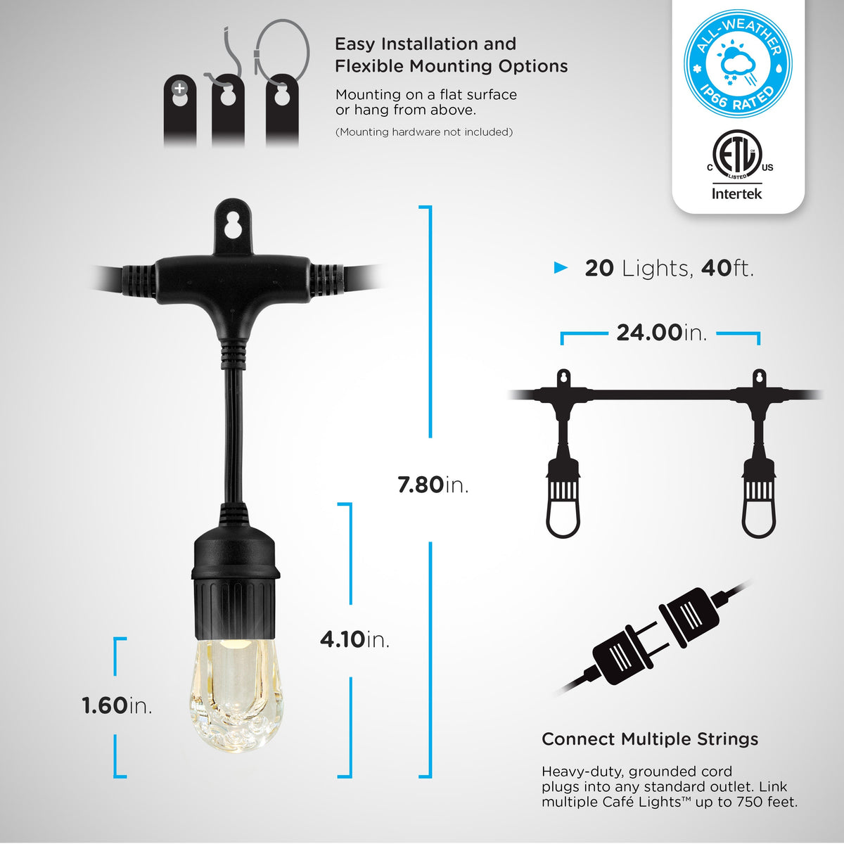 Enbrighten Seasons Color-Changing Classic LED Cafe Lights, 20 Bulbs, 40ft. Black Cord