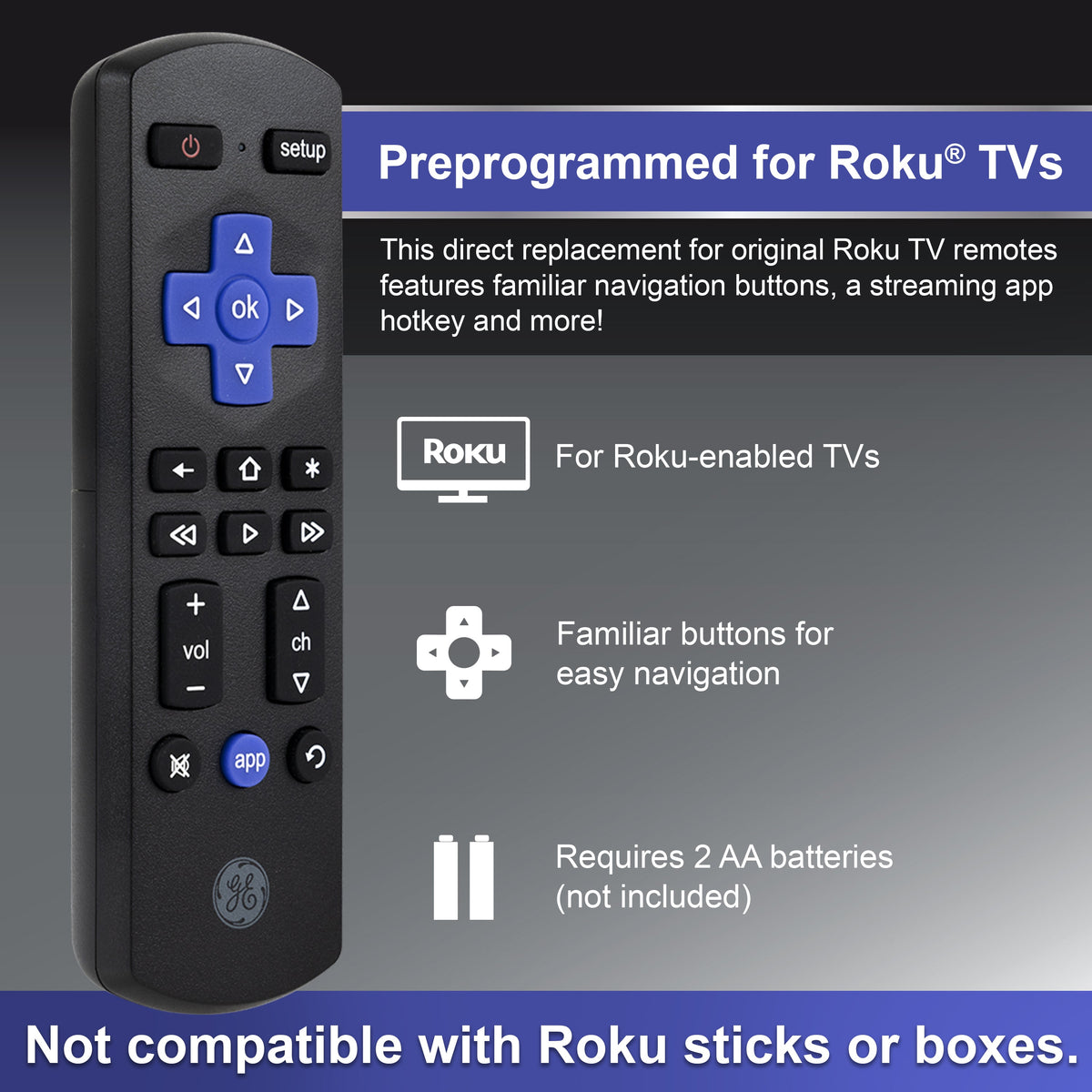GE Roku TV Replacement Remote, Black