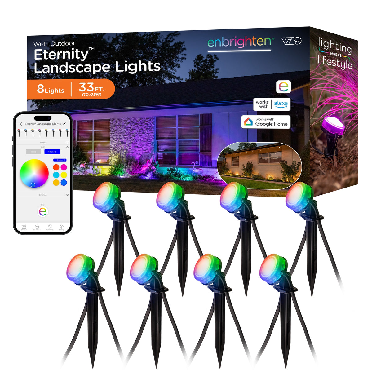 Enbrighten WiFi VIBE Color-Changing Eternity Landscape Lights, 8 Lights, 33ft. Black Cord