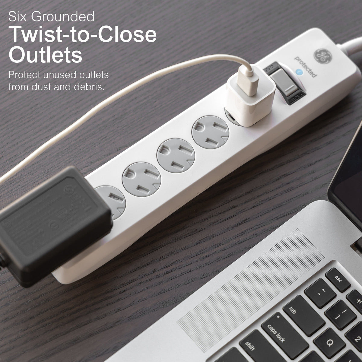GE-branded 6-Outlet Surge Protector, 800J, 8ft. Cord, Safety Covers, White