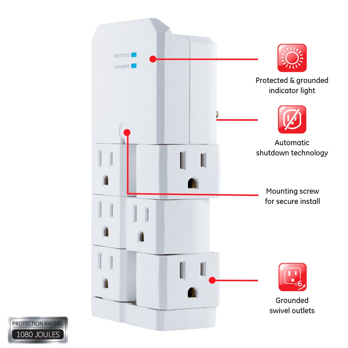 GE 6-Outlet Wall Tap with Surge Protection and Swivel Outlets, White