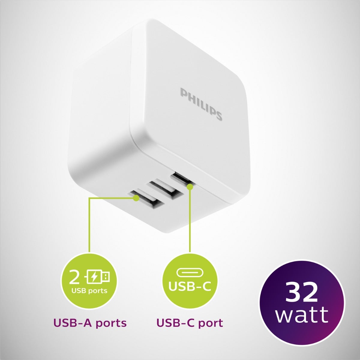 Philips 3-USB Wall Charger with 1 USB-C and 2 USB-A Ports and Power Delivery, White