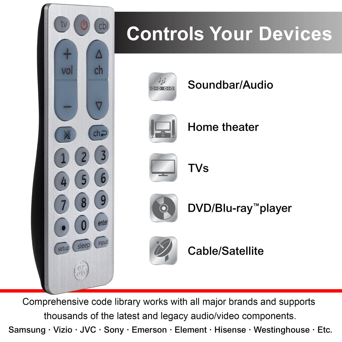 GE UltraPro 2-Device Universal Remote Control, Brushed Silver