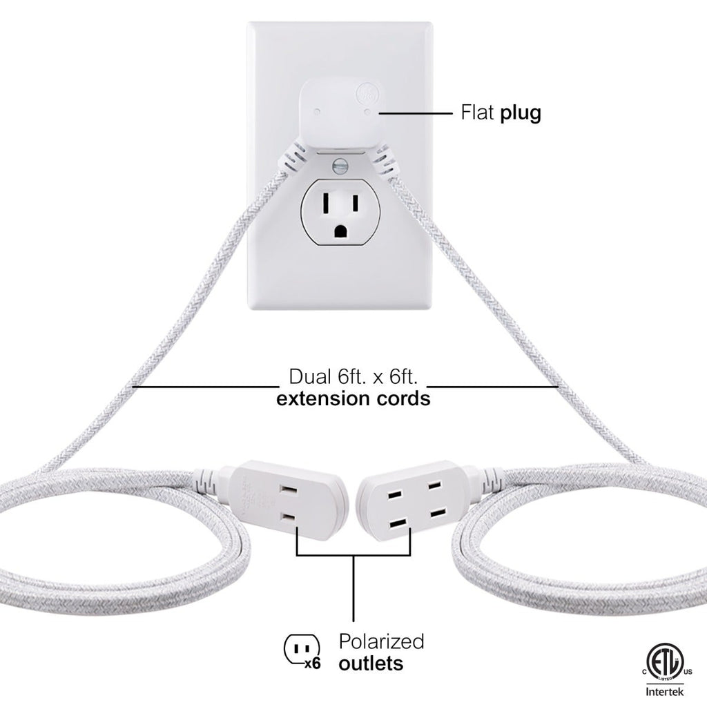GE 3-Outlet 6ft. Dual Split Braided Extension Cord, White