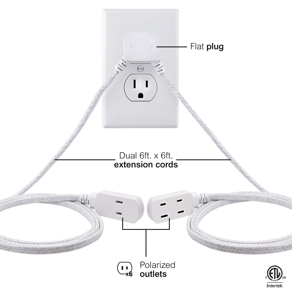 GE 3-Outlet 6ft. Dual Split Braided Extension Cord, White