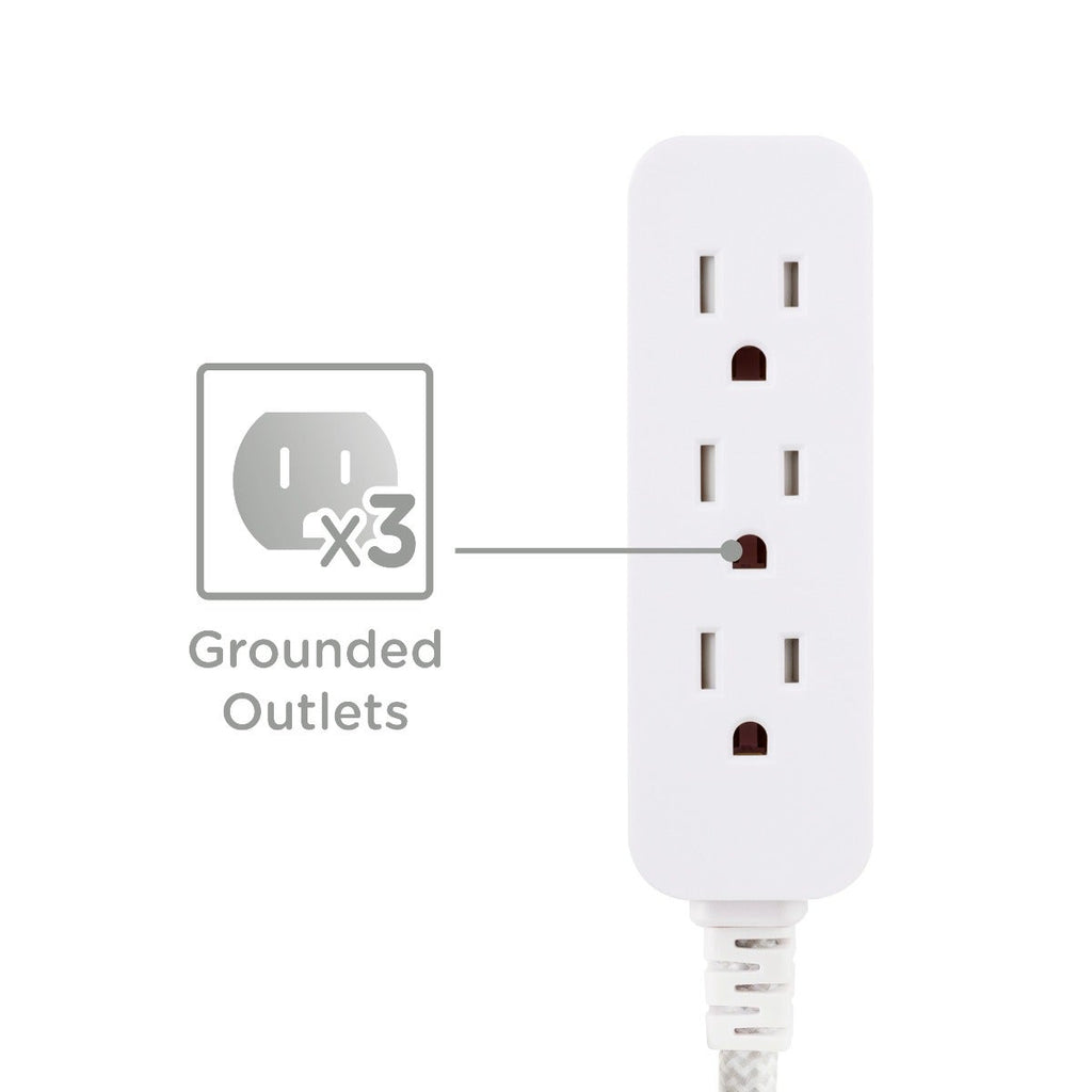 Cordinate 3-Outlet 2ft. Braided Extension Cord with Flat Plug, White/Gray