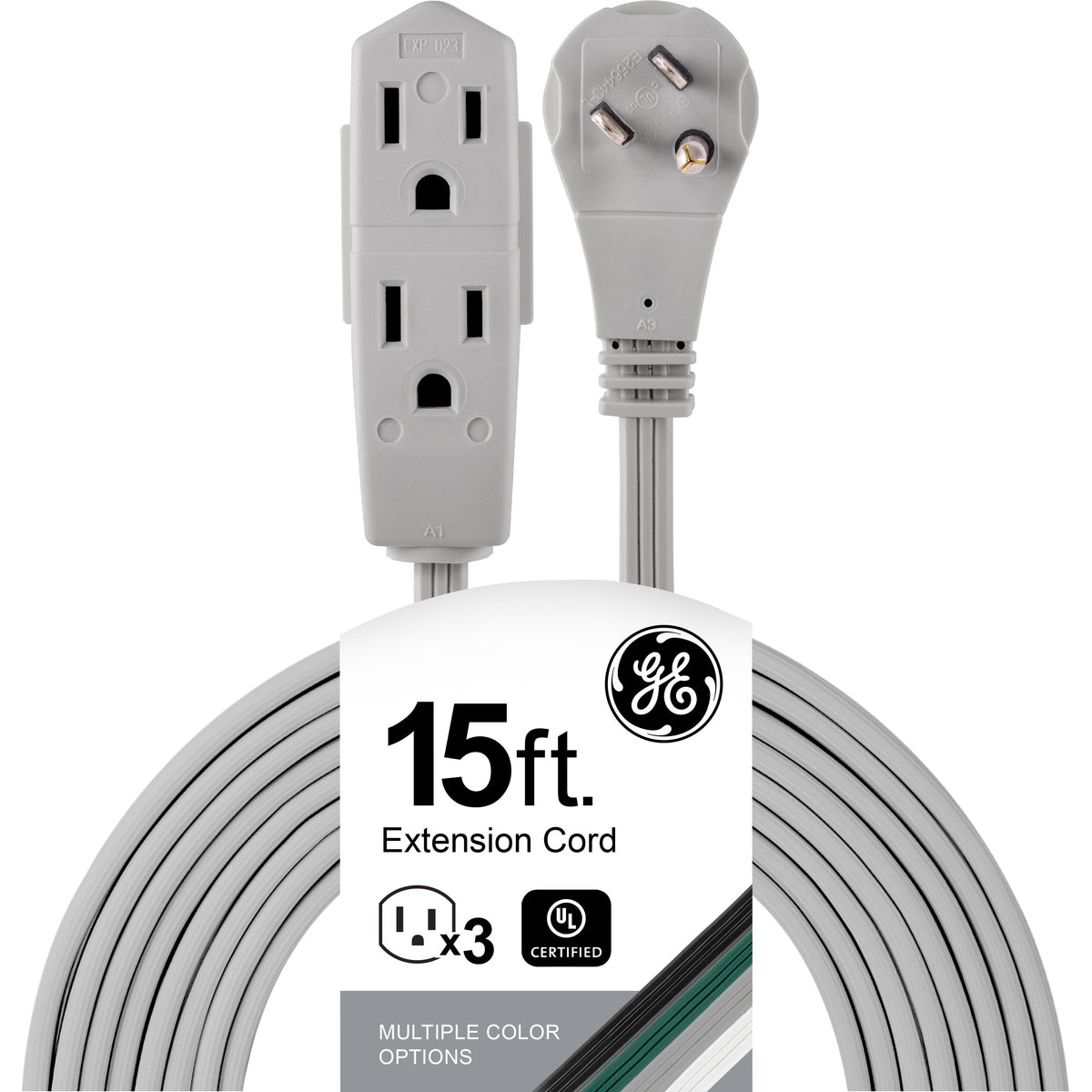 GE 3-Outlet 15ft. Extension Cord with Right-Angle Plug, Gray