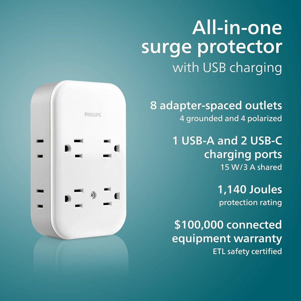 Philips All-in-One 4 Grounded plus 4 Polarized Outlet Surge Tap, 2-USB-C, 1-USB-A, 15W, 1140J, white/gray