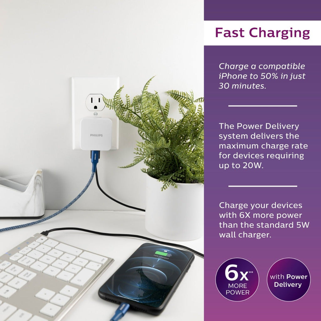 Philips 3-USB Wall Charger with 1 USB-C and 2 USB-A Ports and Power Delivery, White