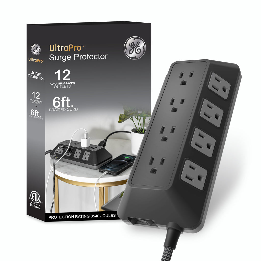GE UltraPro ADAPT 12-Outlet Surge Protector, 3540J, 6ft. Braided Cord, Black