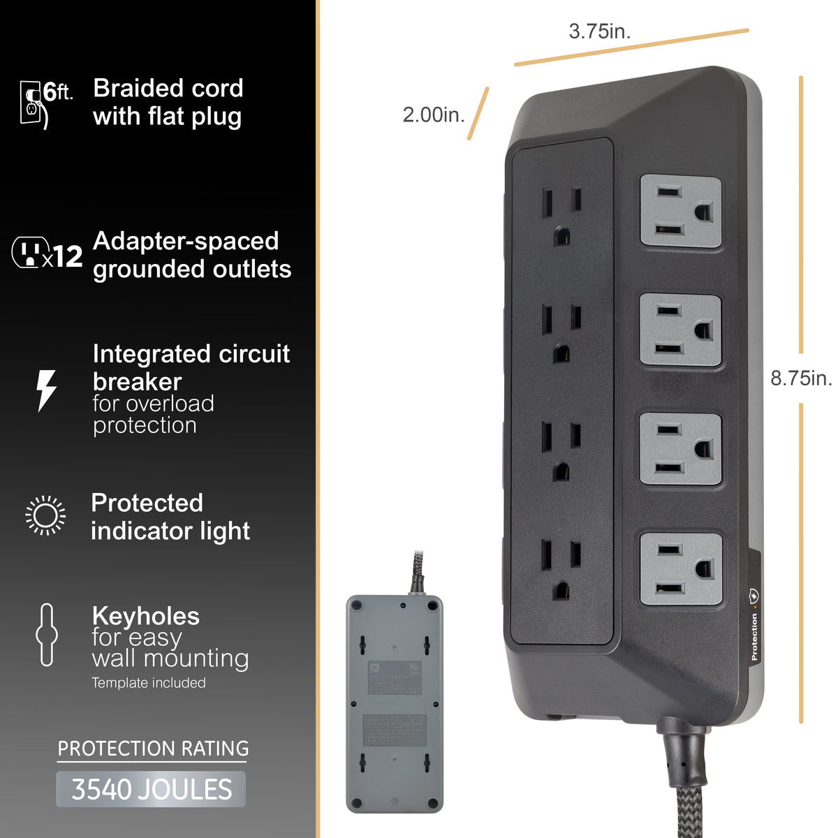 GE UltraPro ADAPT 12-Outlet Surge Protector, 3540J, 6ft. Braided Cord, Black
