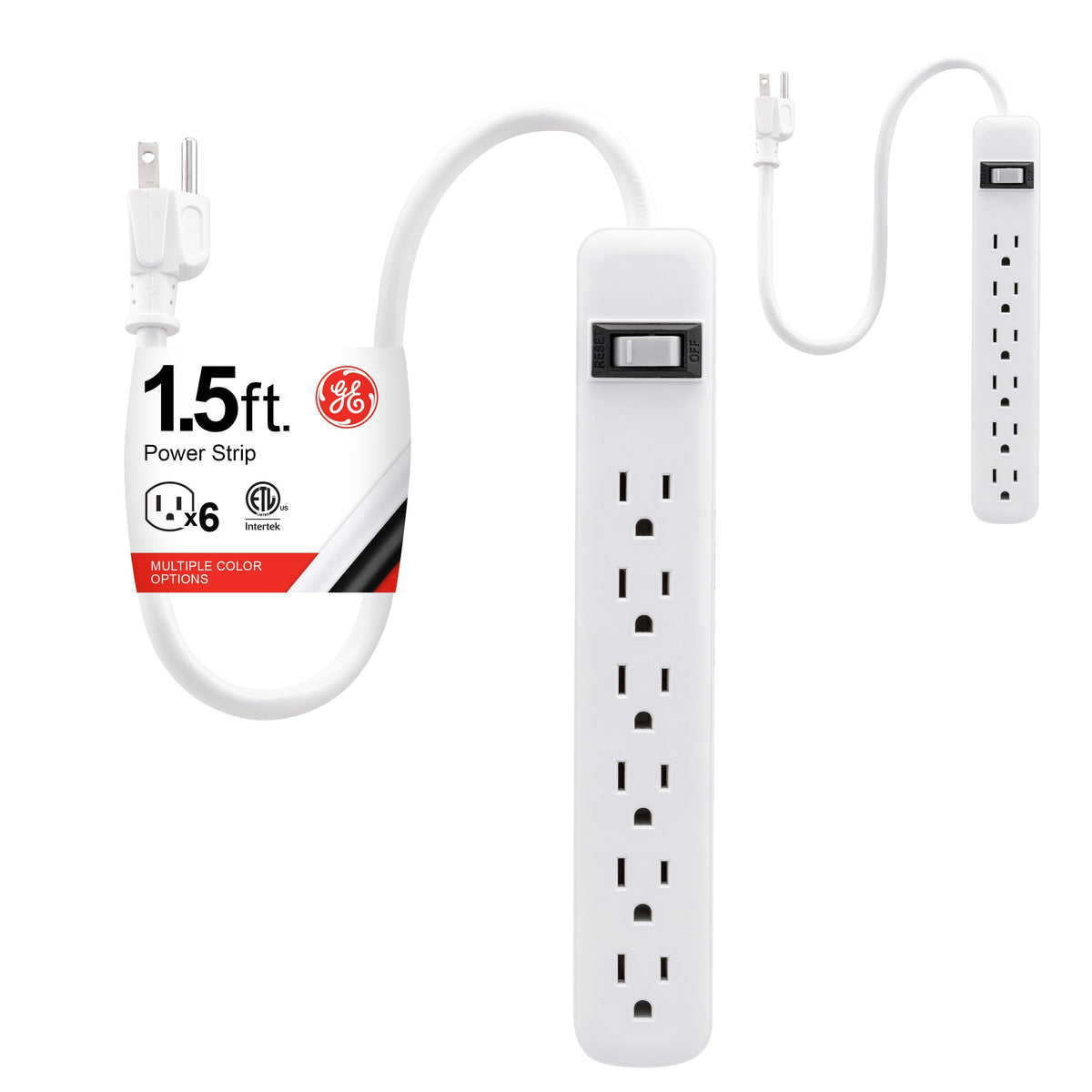 GE 6-Outlet 2ft. Power Strip, 2 Pack, White