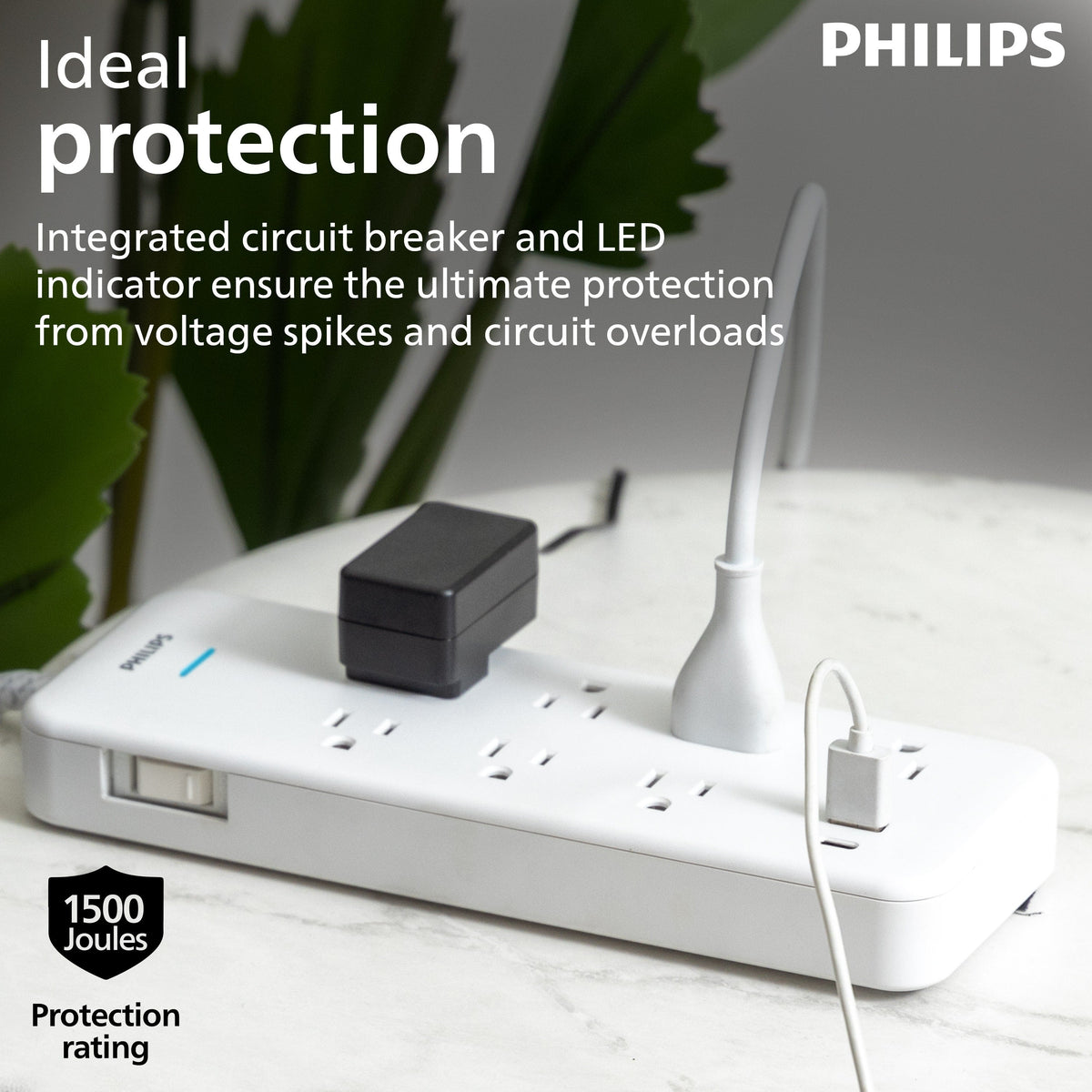 Philips 7-Outlet 6ft. 1 USB-A 1 USB-C Surge Protector With Adapter-Spaced Outlets, White