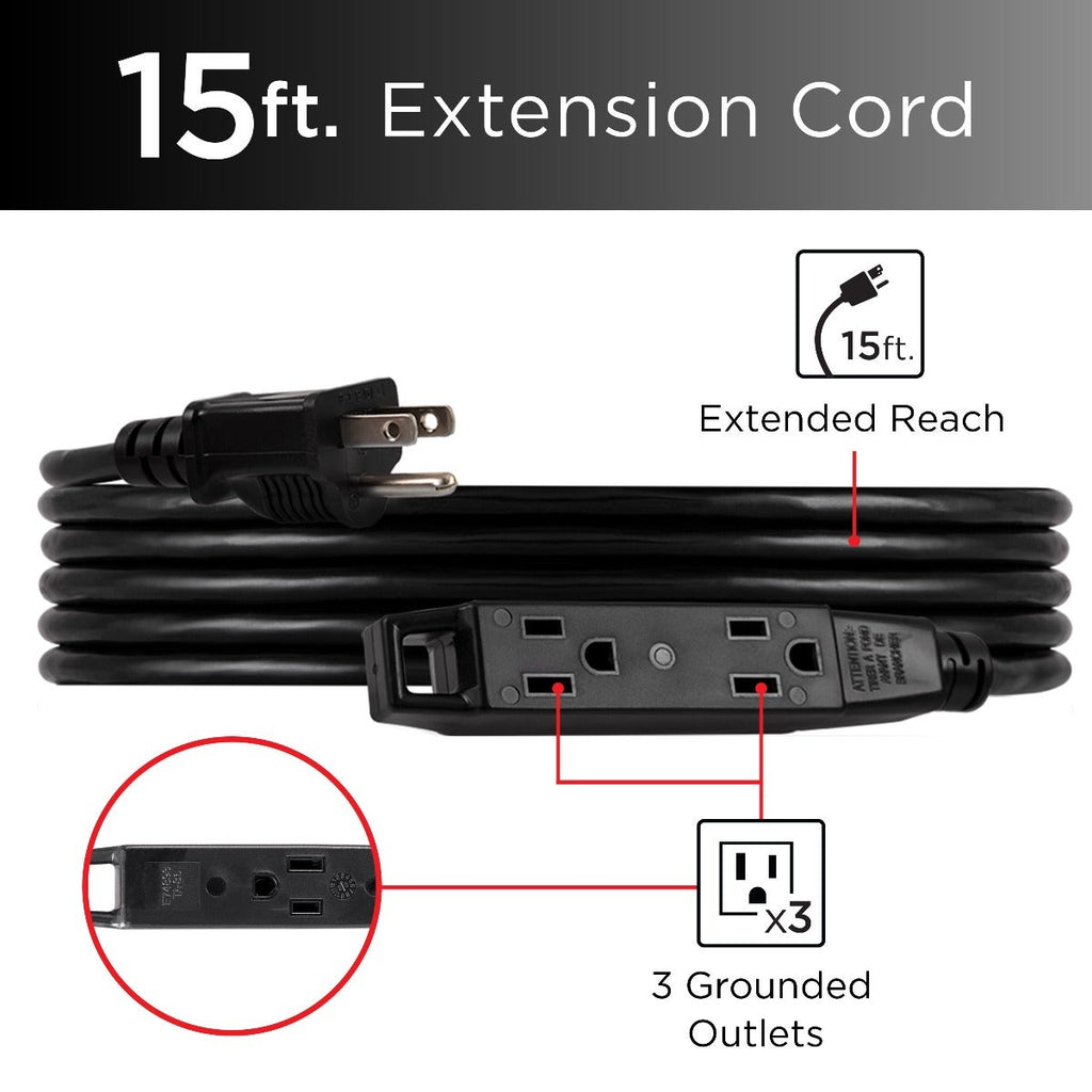 UltraPro 3-Outlet 15ft. Heavy Duty Indoor/Outdoor Extension Cord, 2 Pack, Black