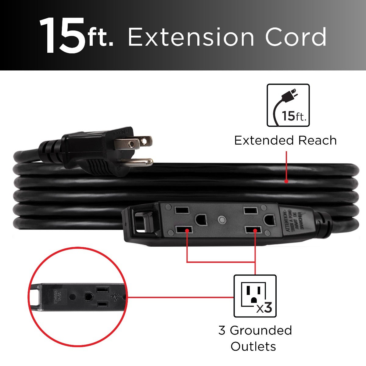 UltraPro 3-Outlet 15ft. Heavy Duty Indoor/Outdoor Extension Cord, 2 Pack, Black